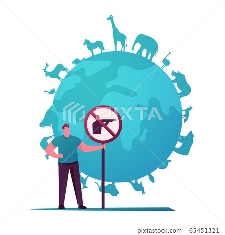Biodiversity and Multiplicity, Save Planet Concept. Eco Activist Male Character Holding Hunt Prohibition Signboard 65451321