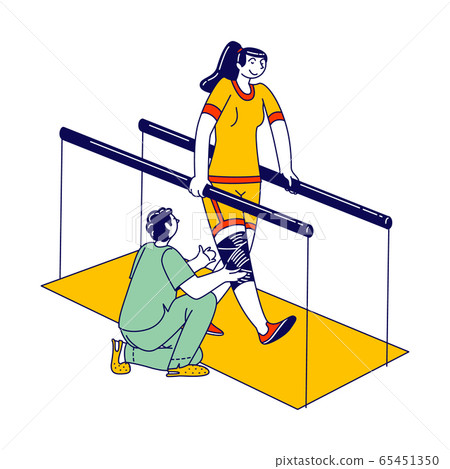 Physical Development for Handicapped People. Rehabilitation Center Staff Character Help Girl with Bandages Leg 65451350