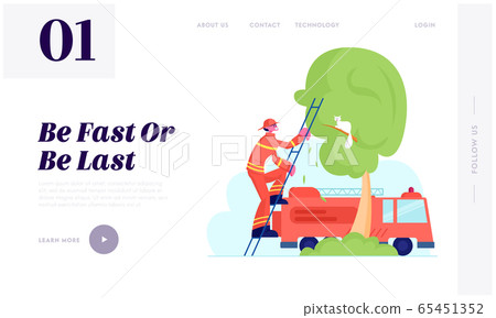 Firefighter Rescuer Occupation Website Landing Page. Brave Fireman in Red Protective Uniform and Helmet Climbing Up Truck Ladder to Save Cat from Tree Web Page Banner. Cartoon Flat Vector Illustration 65451352