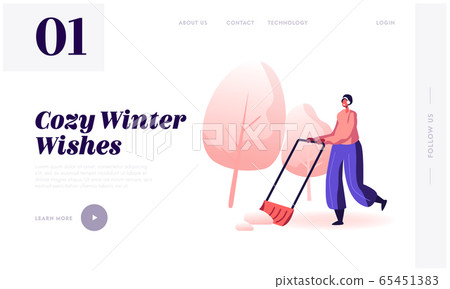 Christmas Holidays Activity and Outdoors Work Website Landing Page. Hardworking Woman Cleaning Road from Snow with Big Shovel after Winter Snowfall Web Page Banner. Cartoon Flat Vector Illustration 65451383