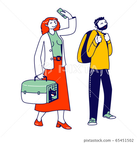 Characters Waiting Plane Boarding Stand in Queue with Luggage. Woman with Cat in Carry Box Making Selfie 65451502