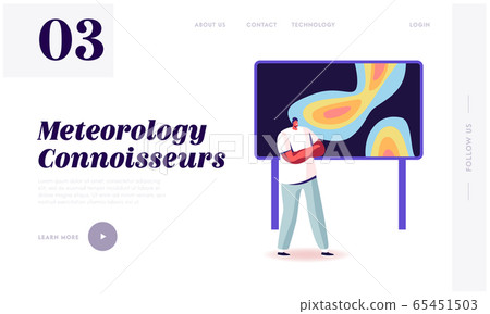 Meteorological Report Landing Page Template. Tv Presenter Male Character Stand at Screen with Meteorology Map 65451503