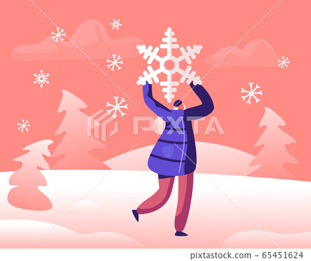 Happy Cheerful Woman Holding Huge Snowflake above Head, Playing on Snowy Landscape Background. Winter Season Fun and Outdoor Leisure, Active Games and Spare Time. Cartoon Flat Vector Illustration