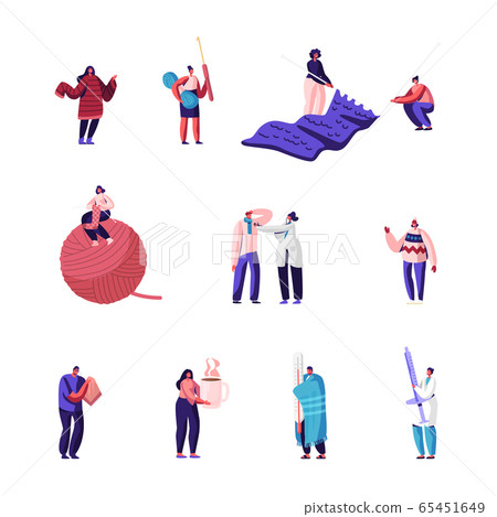 Knitting Hobby, Sickness Concept Set. Girls with Knitting Needles and Clew Knit Warm Clothes. Sick People with Flu Symptoms Visit Doctors in Hospital for Treatment Cartoon Flat Vector Illustration 65451649