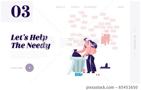 Homelessness and Unemployment Website Landing Page. Homeless Jobless Poor Woman Fumble in Litter Bin Searching Something to Eat. City Bum Lifestyle Web Page Banner. Cartoon Flat Vector Illustration 65451650