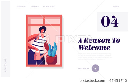 People Life Household Activities and Living Behaviour Website Landing Page. Facade of House Building with Young Happy Woman Watering Plants on Window Web Page Banner Cartoon Flat Vector Illustration 65451740