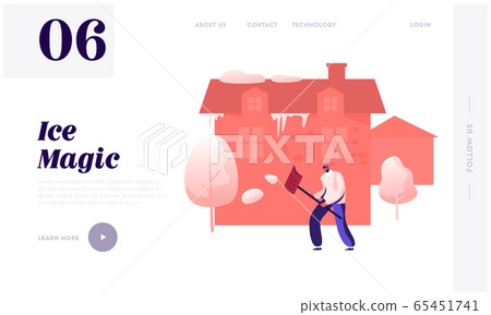 Winter Season Climate Website Landing Page. Man in Warm Clothes Working with Shovel Cleaning House Backyard Territory from Snow at Wintertime in Suburb Web Page Banner Cartoon Flat Vector Illustration 65451741