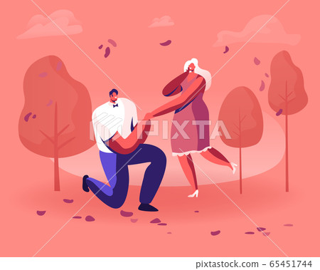 Young Man Standing on Knee Holding Girl Hand Making Proposal to Woman Asking her Marry him in Beautiful Autumn Garden or Park with Trees. Love Engagement Marriage Cartoon Flat Vector Illustration Young Man Standing on Knee Holding Girl Hand Making Proposal to Woman Asking her Marry him in Beautiful Autumn Garden or Park with Trees. Love Engagement Marriage Cartoon Flat Vector Illustration 65451744