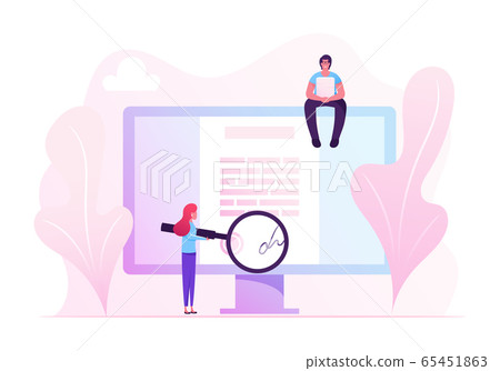 Online Contract Signing Concept. Tiny Woman Reading Document with Digital Signature on Huge Pc Screen through Huge Magnifying Glass. Man with Laptop Sitting on Monitor Cartoon Flat Vector Illustration Online Contract Signing Concept. Tiny Woman Reading Document with Digital Signature on Huge Pc Screen through Huge Magnifying Glass. Man with Laptop Sitting on Monitor Cartoon Flat Vector Illustration 65451863