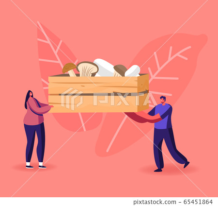 Tiny Male and Female Characters Carry Huge Wooden Box with Various Mushrooms Cep, King Oyster and Champignons Tiny Male and Female Characters Carry Huge Wooden Box with Various Mushrooms Cep, King Oyster and Champignons 65451864