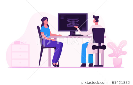 Doctor Dentist Showing Patient Teeth on X-ray Picture Performing on Computer Screen at Dentistry Clinic Office. Woman Sitting at Desk Watching on Radiography Jaw Shot Cartoon Flat Vector Illustration Doctor Dentist Showing Patient Teeth on X-ray Picture Performing on Computer Screen at Dentistry Clinic Office. Woman Sitting at Desk Watching on Radiography Jaw Shot Cartoon Flat Vector Illustration 65451883