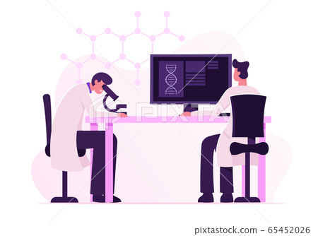 Dna Engineering and Genetics Science Concept. Scientists Conducting Experiment and Scientific Research in Laboratory. Man Look in Microscope, Technician Work on Pc Cartoon Flat Vector Illustration 65452026