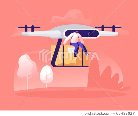 Tiny Male Character Sitting on Parcel Box Delivering with Drone by Air on Summer Landscape Nature Background. Futuristic Technologies in Post Mail and Shipping Service Cartoon Flat Vector Illustration Tiny Male Character Sitting on Parcel Box Delivering with Drone by Air on Summer Landscape Nature Background. Futuristic Technologies in Post Mail and Shipping Service Cartoon Flat Vector Illustration 65452027