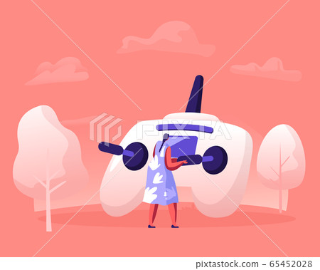 Young Woman Holding Telecontrol Pad in Hands for Navigating Flying Drone with Remote Control Girl Having Fun in Countryside with Quadcopter Playing and Taking Pictures Cartoon Flat Vector Illustration 65452028
