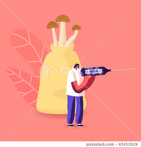 Tiny Female Character Holding Nitrate Tester Stand at Huge Cep Mushrooms Growing Up in Bag with Fertilizers Tiny Female Character Holding Nitrate Tester Stand at Huge Cep Mushrooms Growing Up in Bag with Fertilizers 65452029