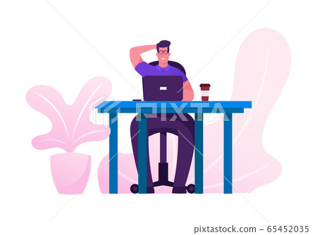 Business Man at Desk Work Hard Analysing Project Statistics on Laptop. Businessman Data Analysis Working Process, Brainstorm and Searching Solution Cartoon Flat Vector Illustration, Horizontal Banner Business Man at Desk Work Hard Analysing Project Statistics on Laptop. Businessman Data Analysis Working Process, Brainstorm and Searching Solution Cartoon Flat Vector Illustration, Horizontal Banner 65452035