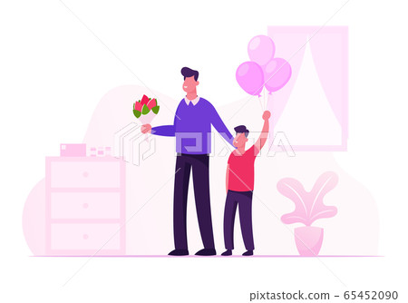 Happy Young Father with Flower Bouquet and Little Son with Balloons Bunch Stand in Hospital Room Meeting Mother and Newborn Baby from Chamber of Maternity in Clinic. Cartoon Flat Vector Illustration Happy Young Father with Flower Bouquet and Little Son with Balloons Bunch Stand in Hospital Room Meeting Mother and Newborn Baby from Chamber of Maternity in Clinic. Cartoon Flat Vector Illustration 65452090