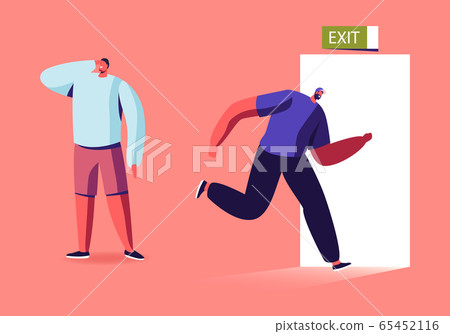 Man Run to Open Door with Exit Signboard. New Opportunity, Room Escape, Challenge, Success, Right Solution 65452116