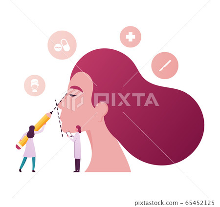 Doctor Surgeon Character Examining Patient Nose before Rhinoplasty Surgery, Drawing Line with Marker on Woman Face Doctor Surgeon Character Examining Patient Nose before Rhinoplasty Surgery, Drawing Line with Marker on Woman Face 65452125