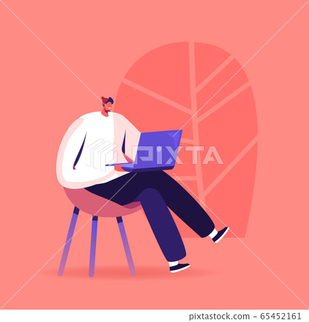 Young Man Study Foreign Language, Prepare for Exam, Freelancer Work Distant. Male Character with Laptop Sit on Chair 65452161