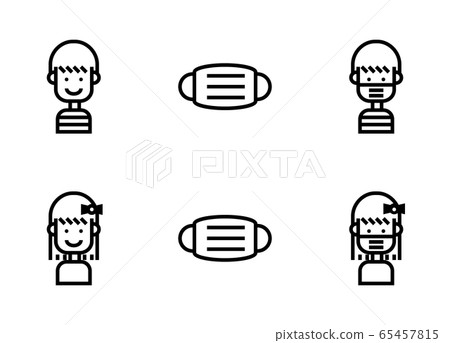 Icon set of human boy and girl with fabric medical mask in social distance of Covid 19 situation. 65457815