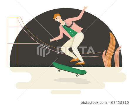 Man in suit doing a skateboard trick in a skate park Man in suit doing a skateboard trick in a skate park 65458510