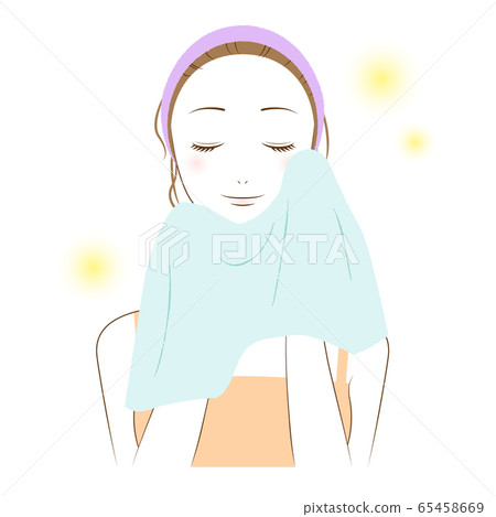Illustration of a woman doing skin care (generally wipe her skin with a towel after washing her face) Illustration of a woman doing skin care (generally wipe her skin with a towel after washing her face) 65458669