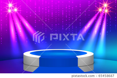 white podium and blue carpet with colorful spotlight in the studio white podium and blue carpet with colorful spotlight in the studio 65458687