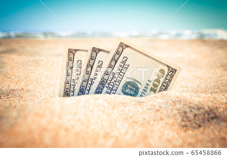 Money dolars half covered with sand lie on on sandy beach near sea ocean Money dolars half covered with sand lie on on sandy beach near sea ocean 65458866