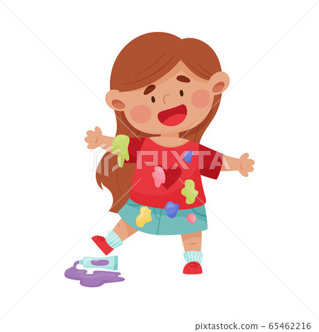 Cheerful Girl in Blotted Clothes Stepping on Tube with Paints Vector Illustration 65462216