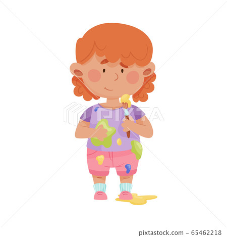Cheerful Girl in Blotted Clothes Standing and Holding Paintbrush with Paint Vector Illustration 65462218