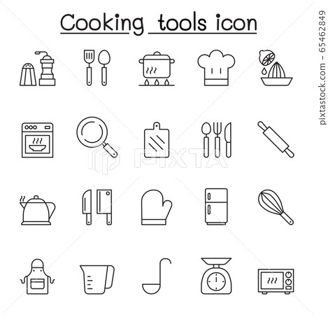 Cooking tools icon set in thin line style - Stock Illustration ...