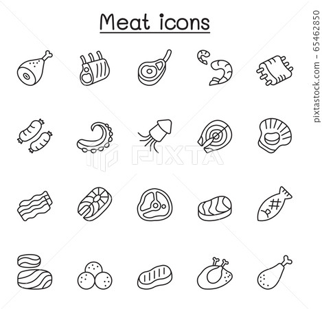 Meat, pork, beef, seafood icons set in thin line Meat, pork, beef, seafood icons set in thin line 65462850