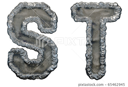 Set of capital letters S and T made of industrial metal isolated on white background. 3d Set of capital letters S and T made of industrial metal isolated on white background. 3d 65462945