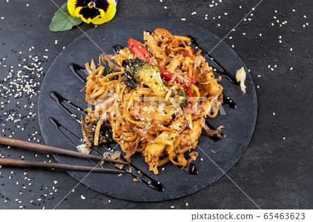 Japanese food: Soba noodles with chicken and vegetables 65463623