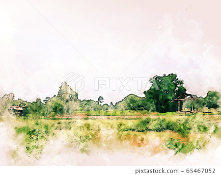 Abstract colorful shape on tree and field landscape watercolor illustration painting background. 65467052