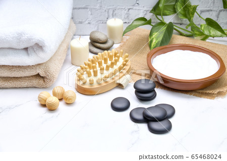 Cosmetic cream jar for body care in a spa. Cosmetic cream jar for body care in a spa. 65468024