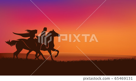 king and queen riding horses at sunset vector silhouette scene 65469131