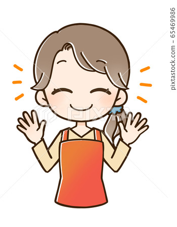 Woman in an apron smiles with both hands raised - Stock Illustration ...