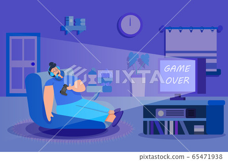 Man play video game in living room until late night and sleep on couch. Flat design character with daily lifestyle at home. 65471938