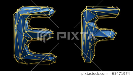 Letter set E, F made of realistic 3d render blue color. Collection of low polly style alphabet isolated on black background 65471974