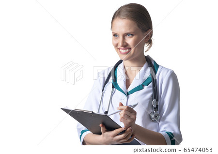 Portrait of female doctor posing on white isolated 65474053