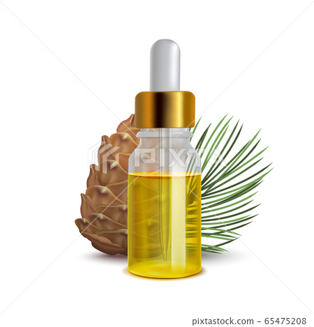 Siberian Pine Oil Bottle with Cone and Branch in Realistic Style 65475208