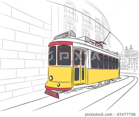 Lisbon. Old yellow tram on the background of the city. 65477786
