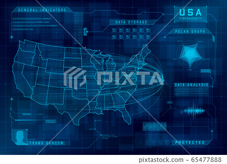 HUD map of the USA. Set of HUD callout design elements. Cybersecurity, information security, big data analytics, safety system. Futuristic digital background. Vector  65477888