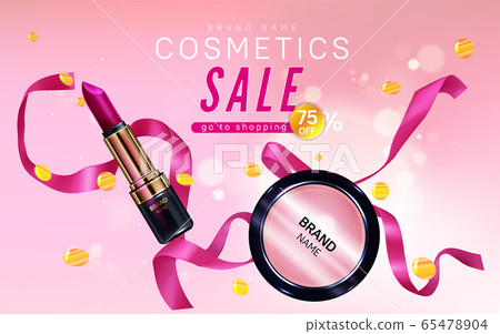 Cosmetics sale banner with lipstick, blush make up Cosmetics sale banner with lipstick, blush make up 65478904
