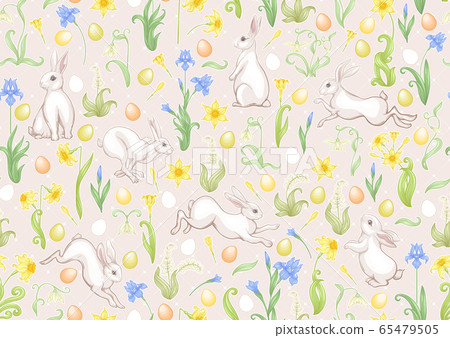 Seamless pattern with a hares, colored eggs and spring flowers for easter. Seamless pattern with a hares, colored eggs and spring flowers for easter. 65479505