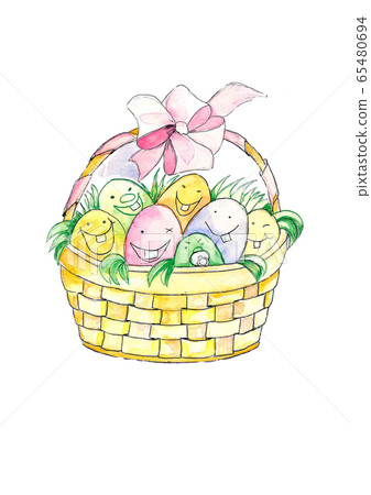 picture with easter eggs in a basket with a pink bow picture with easter eggs in a basket with a pink bow 65480694