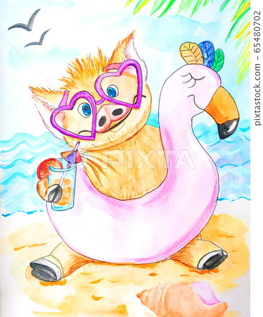 yellow piggy by the sea under a palm tree in pink glasses 65480702