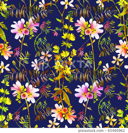 Floral seamless pattern. Watercolor wildflowers, branches and foliage. Bright botanical drawing. Background with flowers for wallpaper, textiles, fabric, clothes, souvenirs, wrapper, surface. Floral seamless pattern. Watercolor wildflowers, branches and foliage. Bright botanical drawing. Background with flowers for wallpaper, textiles, fabric, clothes, souvenirs, wrapper, surface. 65480962